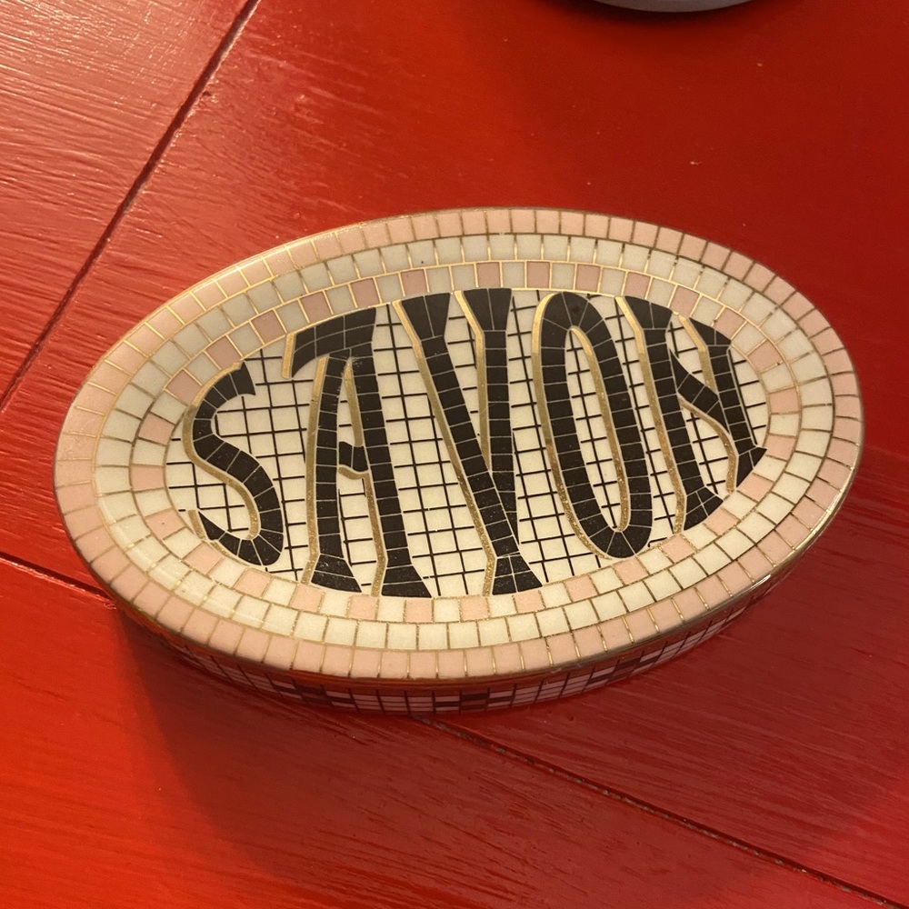 Anthropologie soap dish deco french savon tile look gold pink black bathroom